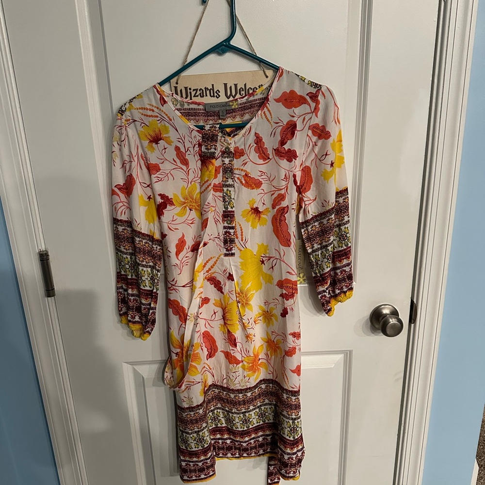 Pink and Yellow Casual Sundress with Bishop Sleeves
